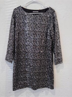 T Tahari Sequin Midi Dress Womens Medium Black Silver Sequins A-line Cocktail